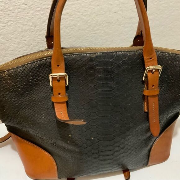 Dooney & Bourke Black Brown  Leather Python Exotic Satchel Buckle Handbag - Picture 5 of 13